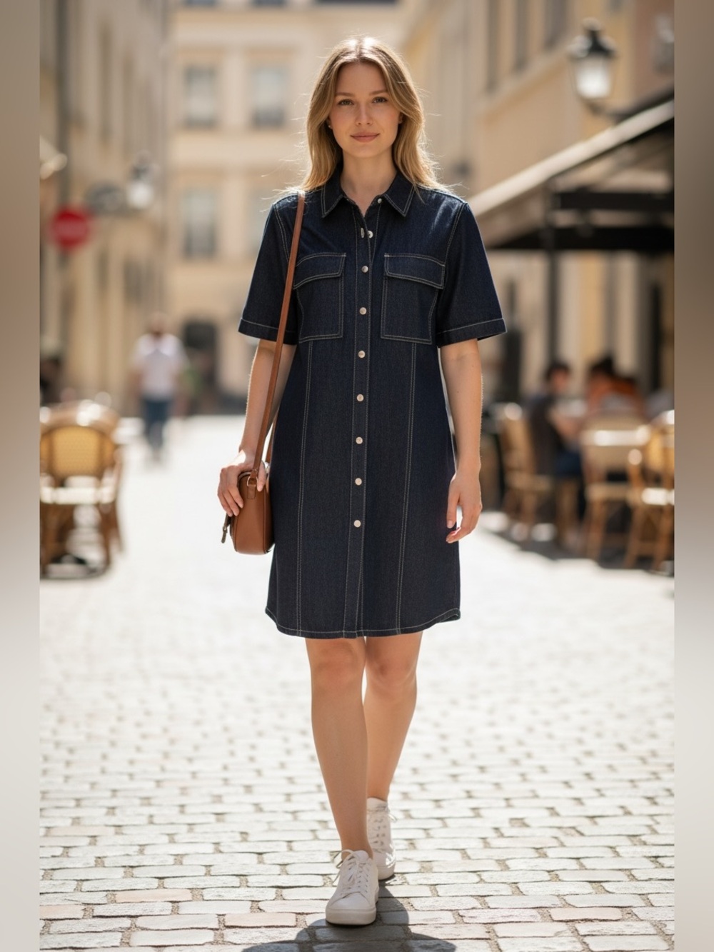 NWT BCBG Dark Indigo Short-Sleeve Denim Shirt Dress 14